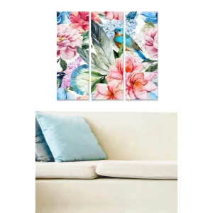 Canvastavla i trä 3-delar 50x70 cm - Färgrik bukett av blommor med en fågel i fokus - Inredning & dekor I lager