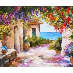 Canvastavla 70x100 cm - Färgglad och livlig gränd med blommor och havsutsikt - Inredning & dekor Rabatt