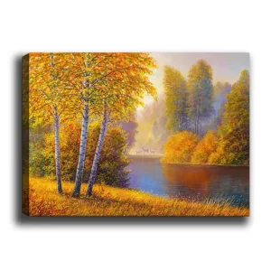 Canvastavla 70x100 cm - Vacker höstlandskap med björkar vid en stilla sjö - Inredning & dekor Reapris