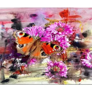 Canvastavla 70x100 cm - Färgglad fjäril som sitter på blommor i en abstrakt komposition - Inredning & dekor Utförsäljning