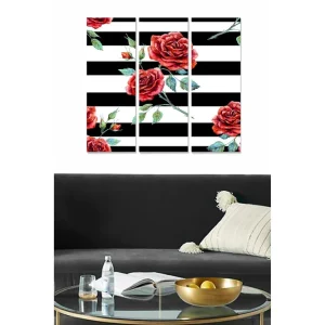 Canvastavla i trä 3-delar 50x70 cm - Röda rosor mot svart-vita ränder - Inredning & dekor Outlet