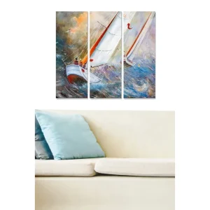 Canvastavla i trä 3-delar 50x70 cm - Segelbåt som navigerar genom stormiga vatten - Inredning & dekor Billigare