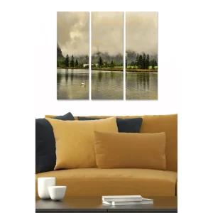 Canvastavla i trä 3-delar 50x70 cm - Stillhet vid sjön med reflekterande vattenytor och omgivande träd - Inredning & dekor Kampanj