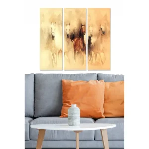 Canvastavla i trä 3-delar 50x70 cm - Hästar i rörelse i mjuka, jordnära toner - Inredning & dekor Begränsat erbjudande