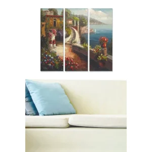 Säker betalning Canvastavla i trä 3-delar 50x70 cm - Vacker kustlandskap med blommor och en slingrande väg vid havet - Inredning & dekor