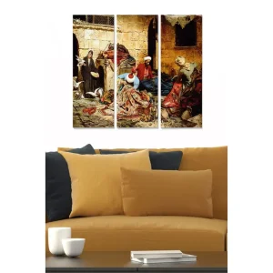 Canvastavla i trä 3-delar 50x70 cm - Livlig marknadsscen med människor och varor i en historisk miljö - Inredning & dekor Nedsatt pris