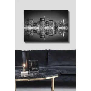 Canvastavla 70x100 cm - Svartvit stadssilhuett med reflektioner i vattnet - Inredning & dekor Köp nu