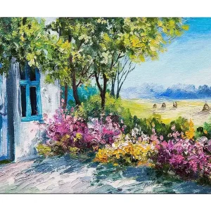 Canvastavla 70x100 cm - Blomstrande trädgård med ett hus och grönskande träd i bakgrunden - Inredning & dekor Sista chansen