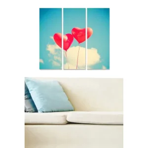 Snabb leverans Canvastavla i trä 3-delar 50x70 cm - Tre röda hjärtformade ballonger mot en klarblå himmel - Inredning & dekor
