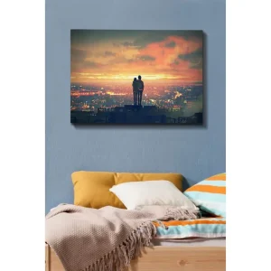 Canvastavla 70x100 cm - Romantisk silhuett av ett par som står tillsammans och beundrar en solnedgång över en stad - Inredning & dekor Expressleverans