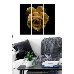 Billig Canvastavla i trä 3-delar 50x70 cm - Gyllene ros med vattendroppar - Inredning & dekor