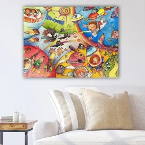 Canvastavla 70x100 cm - Färgglad och lekfull scen med barn som utforskar rymden och äter glass i en fantasifull miljö - Inredning & dekor Nedsatt pris