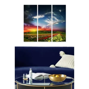 Trygg betalning Canvastavla i trä 3-delar 50x70 cm - Vacker landskapsvy med blomsterfält och dramatisk himmel - Inredning & dekor