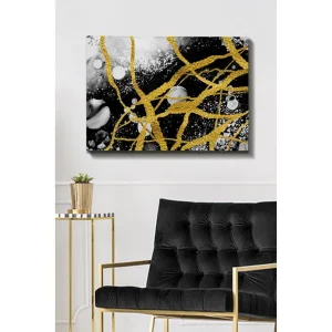 Beställ idag Canvastavla 70x100 cm - Abstrakt konst med guldtrådar som skapar dynamiska linjer mot en svart och vit bakgrund - Inredning & dekor