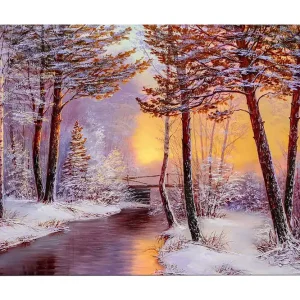 Utförsäljning Canvastavla 70x100 cm - Vinterlandskap med snötäckta träd och en stilla flod i solnedgångens ljus - Inredning & dekor