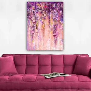 Canvastavla 70x100 cm - Färgstark och abstrakt målning av hängande blommor i lila och rosa nyanser - Inredning & dekor Billig