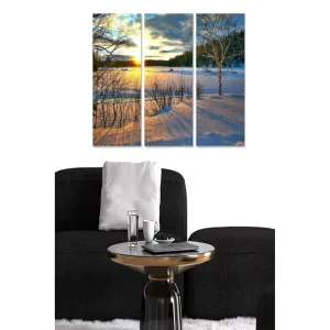 Canvastavla i trä 3-delar 50x70 cm - Vinterlandskap med solnedgång över snöklädda fält - Inredning & dekor Populärt val