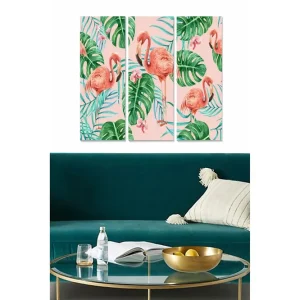 Snabb frakt Canvastavla i trä 3-delar 50x70 cm - Flamingos omgivna av tropiska växter - Inredning & dekor