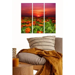 Canvastavla i trä 3-delar 50x70 cm - Solnedgång över en blomsteräng med orange blommor - Inredning & dekor Outlet
