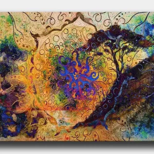 Canvastavla 70x100 cm - Abstrakt träd med spiraler och färgglada mönster i en drömliknande komposition - Inredning & dekor Sänkt pris