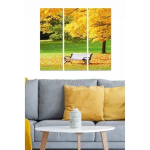 Begränsat antal Canvastavla i trä 3-delar 50x70 cm - Höstlandskap med en bänk omgiven av gyllene lövträd - Inredning & dekor