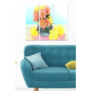 Canvastavla i trä 3-delar 50x70 cm - Färgrik bukett av blommor i en glasvas - Inredning & dekor I lager