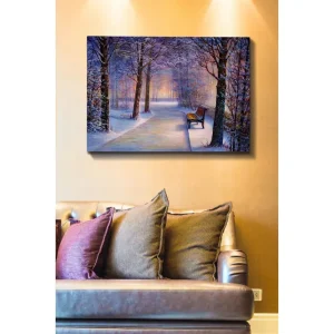 risnedsättning Canvastavla 70x100 cm - Vinterpromenad med snötäckta träd och en ensam bänk längs en stig - Inredning & dekor