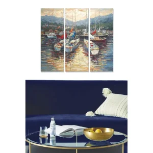 Sista chansen Canvastavla i trä 3-delar 50x70 cm - Segelbåtar i en hamn med speglingar i vattnet - Inredning & dekor