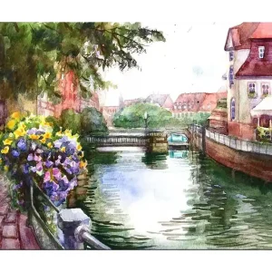 Canvastavla 70x100 cm - Vacker kanal med blommor i förgrunden och pittoreska byggnader i bakgrunden - Inredning & dekor Bästa pris
