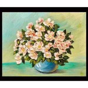 Utförsäljning Inramad Canvastavla i trä - 41x56 cm - Färgrik bukett av blommor i en blå vas - Inredning & dekor