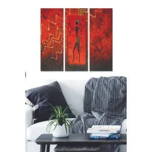 Beställ idag Canvastavla i trä 3-delar 50x70 cm - Abstrakt figur med dansande silhuett på en röd bakgrund - Inredning & dekor