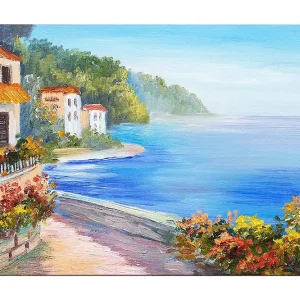 Canvastavla 70x100 cm - Vacker kustlandskap med vita hus och blomstrande växter vid havet - Inredning & dekor Kampanjpris