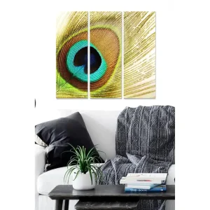 Snabb leverans Canvastavla i trä 3-delar 50x70 cm - Färgglad fjäder med öga-liknande mönster - Inredning & dekor