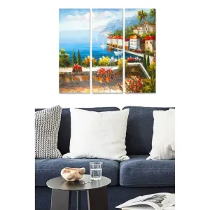 Canvastavla i trä 3-delar 50x70 cm - Vacker kustutsikt med färgglada hus och blomsterarrangemang - Inredning & dekor Sista chansen