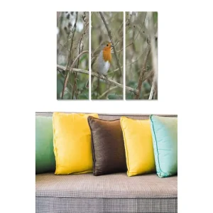 Canvastavla i trä 3-delar 50x70 cm - Rödhake på en gren omgiven av grönska - Inredning & dekor Trygg betalning