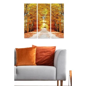 Canvastavla i trä 3-delar 50x70 cm - Gyllene höstskog med en väg som leder genom träden - Inredning & dekor Fynd