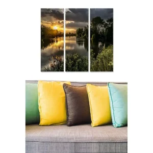 Beställ idag Canvastavla i trä 3-delar 50x70 cm - Solnedgång över en spegelblanka sjö med omgivande grönska - Inredning & dekor