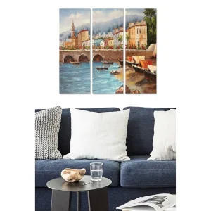 Canvastavla i trä 3-delar 50x70 cm - Vacker hamn med färgglada båtar och historiska byggnader vid vattnet - Inredning & dekor Outlet