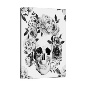 Canvastavla 70x100 cm - Dödskalle omgiven av vackra blommor i svart och vitt - Inredning & dekor Reapris