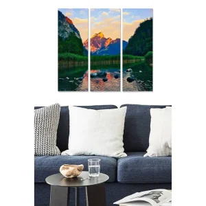 Canvastavla i trä 3-delar 50x70 cm - Storslagen berglandskap med spegelbild i stilla vatten - Inredning & dekor Populärt val