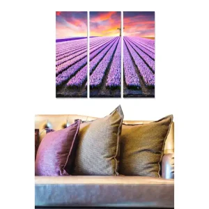 Canvastavla i trä 3-delar 50x70 cm - Lavendelfält under en färgsprakande himmel - Inredning & dekor Rabatt