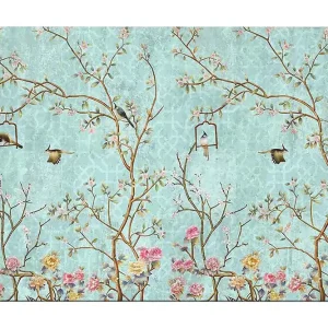 Canvastavla 70x100 cm - Färgglada fåglar som sitter på grenar med blommor mot en ljusblå bakgrund - Inredning & dekor Utförsäljning