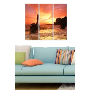 Sänkt pris Canvastavla i trä 3-delar 50x70 cm - Solnedgång över havet med båtar i silhuett - Inredning & dekor