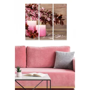 Canvastavla i trä 3-delar 50x70 cm - Rosa ljus omgivna av blommor och trädetaljer - Inredning & dekor Begränsat erbjudande