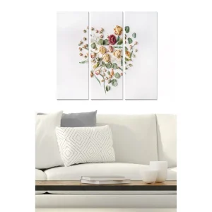 Canvastavla i trä 3-delar 50x70 cm - Hjärtformad komposition av torkade blommor och gröna blad - Inredning & dekor Nyhet