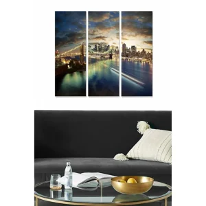 Snabb frakt Canvastavla i trä 3-delar 50x70 cm - Stadssilhuett vid solnedgång med bro och reflektioner i vattnet - Inredning & dekor