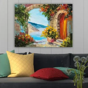 Sänkt pris Canvastavla 70x100 cm - Färgglad utsikt genom en båge med blommor och hav i bakgrunden - Inredning & dekor