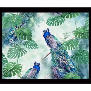 Bästa pris Inramad Canvastavla i trä - 41x56 cm - Färgglada påfåglar omgivna av tropiska växter - Inredning & dekor