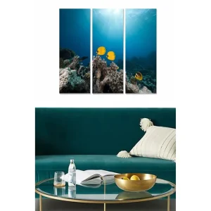 Canvastavla i trä 3-delar 50x70 cm - Färgglada fiskar simmande över korallrev - Inredning & dekor Premium
