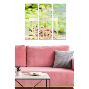 Canvastavla i trä 3-delar 50x70 cm - Fängslande fågelbur med rosa rosor inuti - Inredning & dekor Kampanjpris